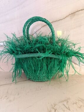 Green Feathered Straw Tote Bag - Women